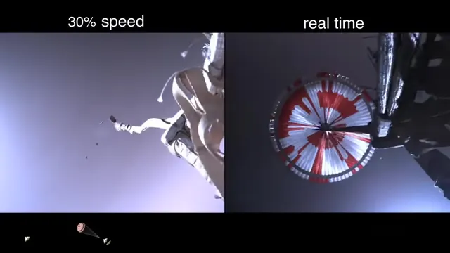 The parachute fully open in the real-time view, at 0:00:15.